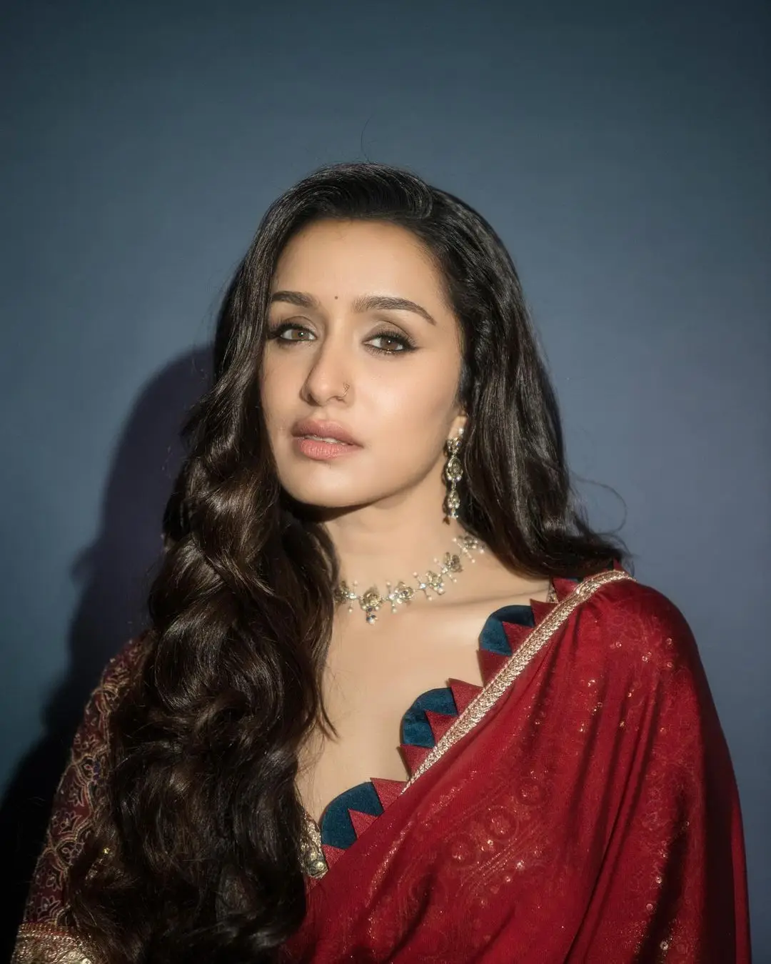 Shraddha Kapoor In Maroon Saree Sleeveless Blouse